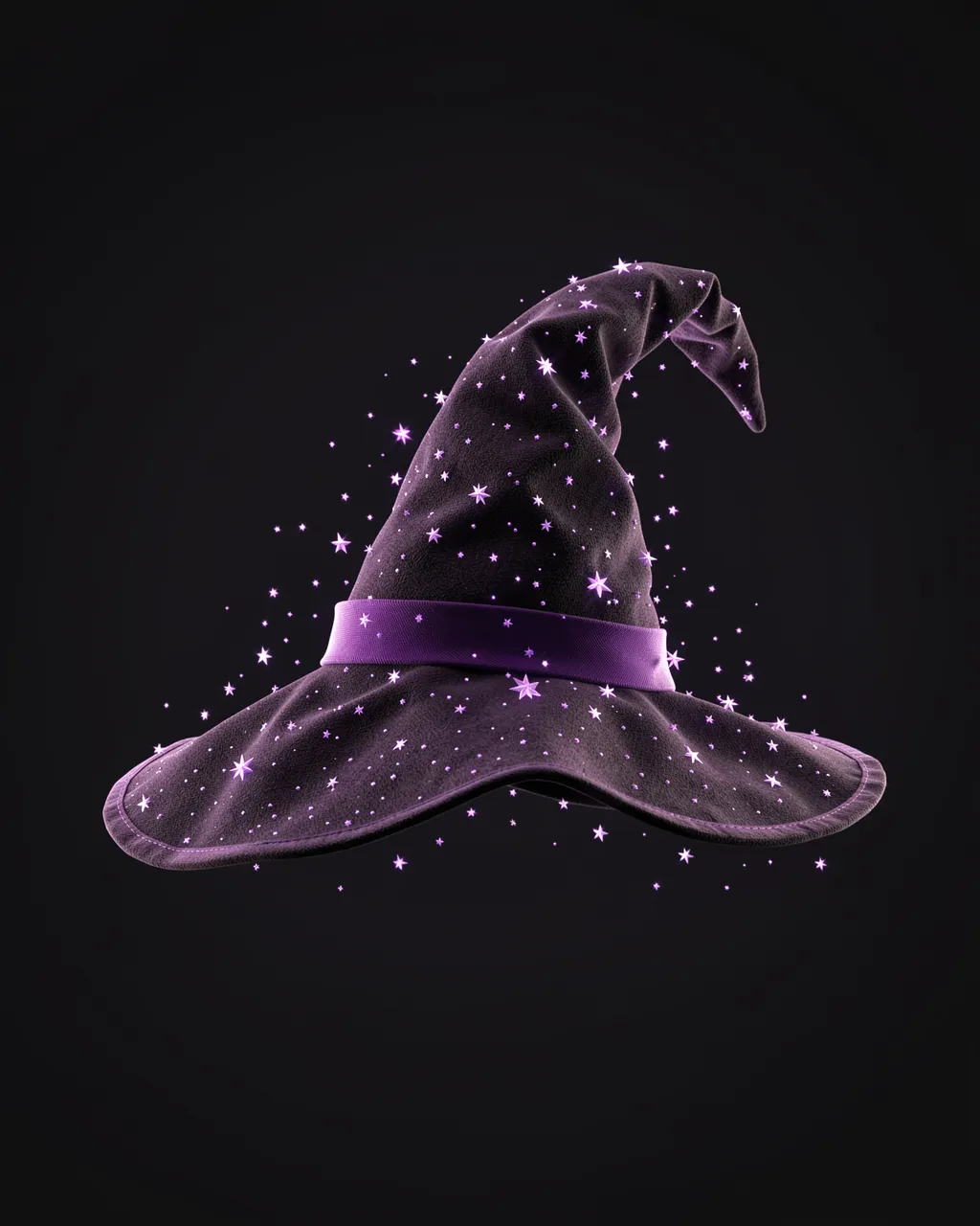 A floating fabric witch hat adorned with glowing purple stars and sparkles against a dark black background