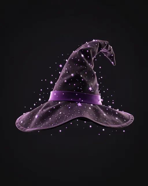 A floating fabric witch hat adorned with glowing purple stars and sparkles against a dark black background