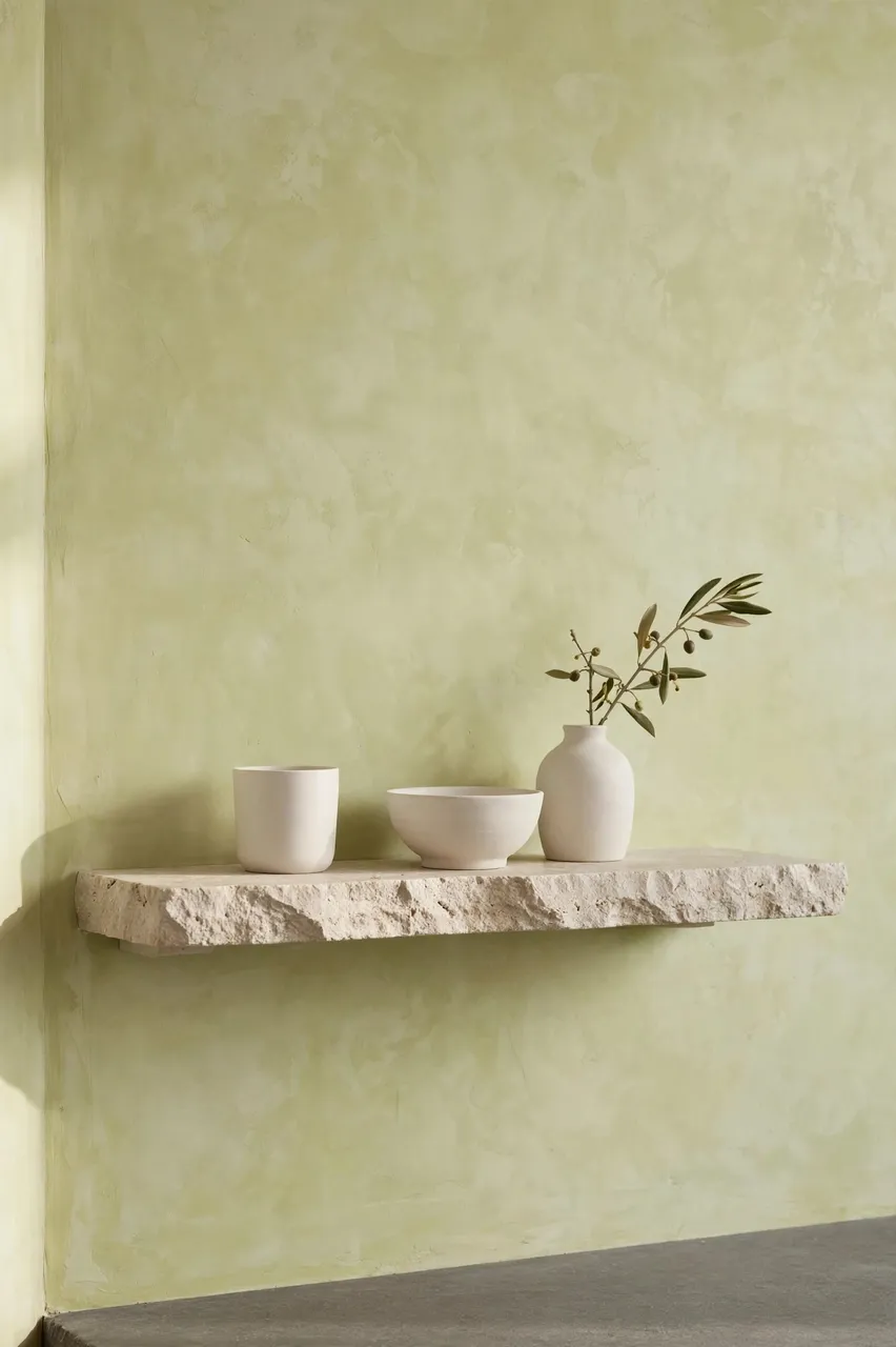 A rough floating stone shelf holds plain white ceramics against a soft limewashed plaster wall.