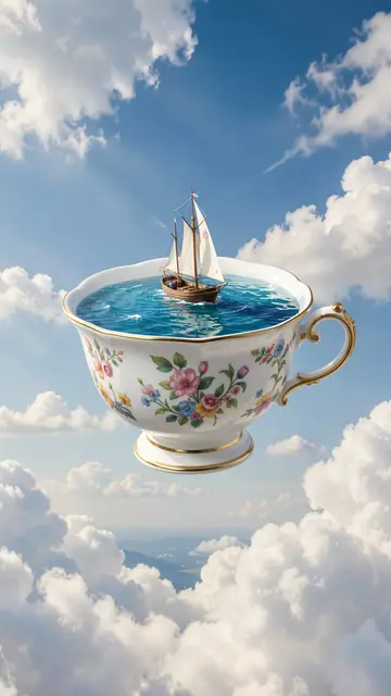 A floral porcelain teacup holding a tiny ocean with a sailboat floats above fluffy clouds in a bright blue sky