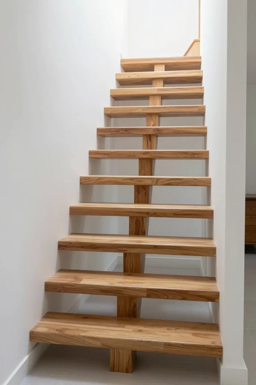 Light wood open riser floating staircase in a plain white interior hallway
