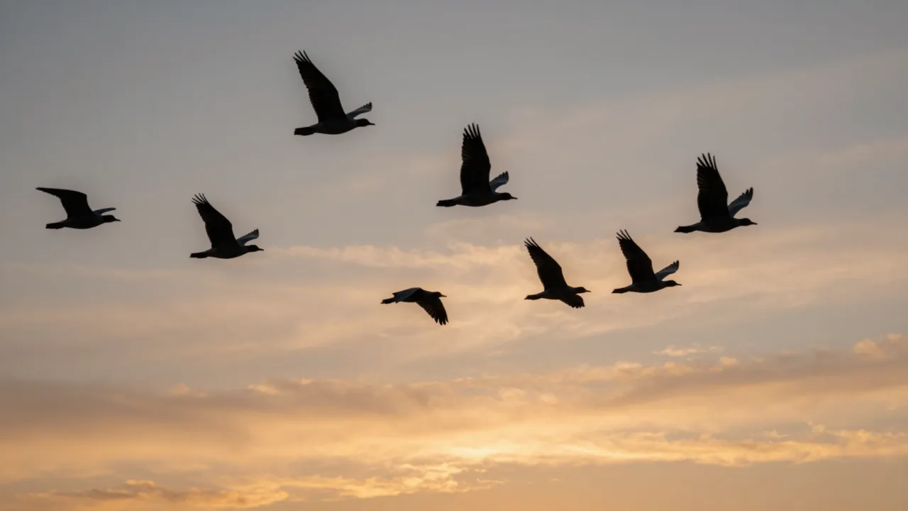 Silhouetted birds fly in formation across a soft warm sunset sky with wispy clouds