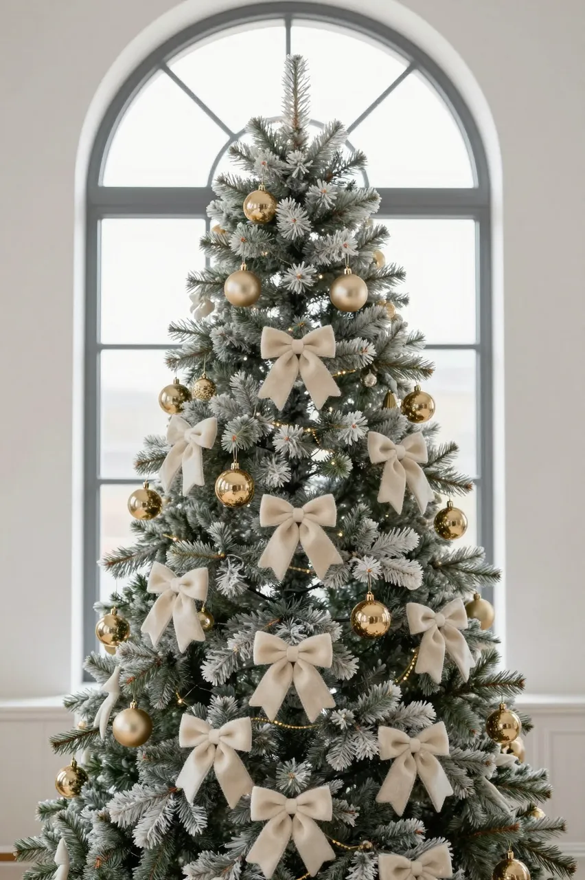 Flocked Christmas tree with gold baubles and cream bows stands before a tall arched window in soft daylight.