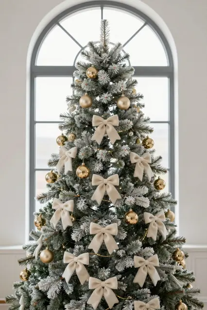 Flocked Christmas tree with gold baubles and cream bows stands before a tall arched window in soft daylight.