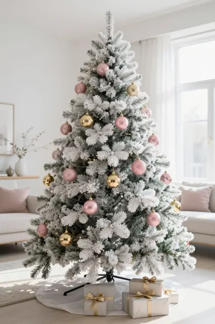 Flocked white Christmas tree with blush pink and gold ornaments stands in a sunlit neutral living room with wrapped gifts at