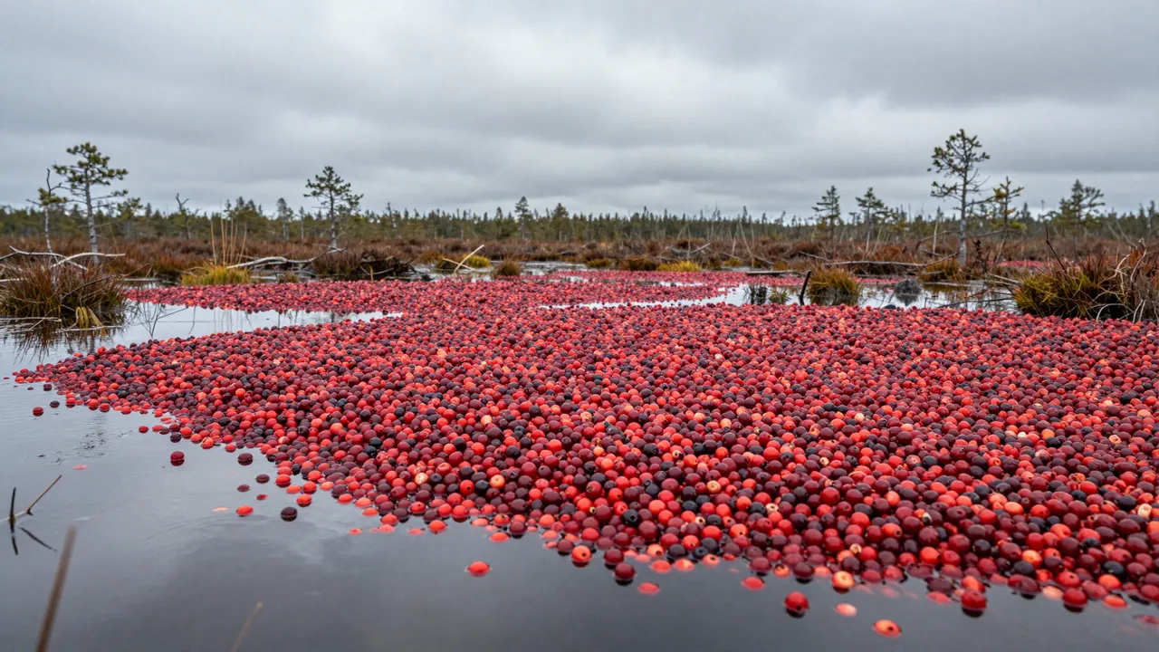 Dense floating red cranberries cover the surface of a flooded bog under an overcast gray sky