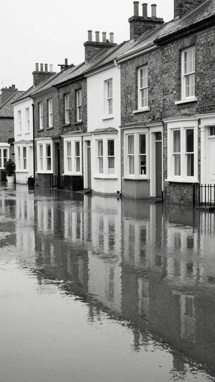 Black and white view of a flooded street reflecting a row of brick and plaster terraced townhouses