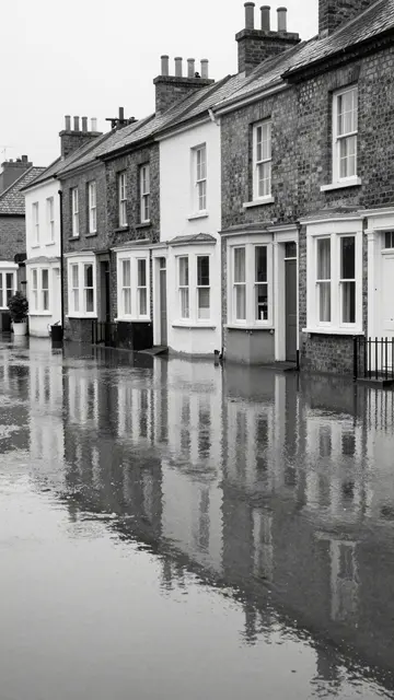 Black and white view of a flooded street reflecting a row of brick and plaster terraced townhouses
