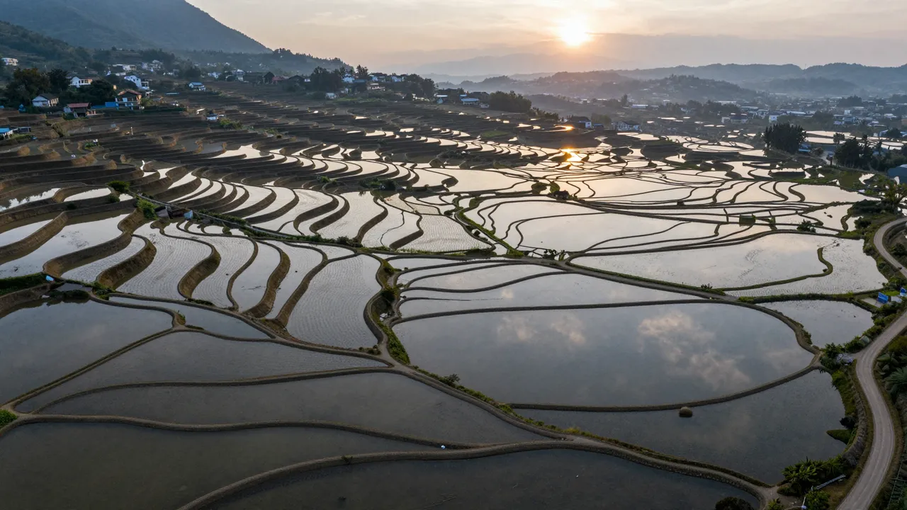 Aerial view of water-filled rice terraces reflecting the sky at sunrise with distant mountain and village views