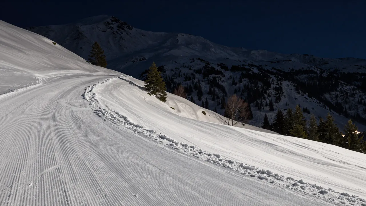 A curved groomed snowy ski run stretches up a moonlit mountain slope under a dark night sky.