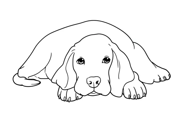 Simple black line drawing of a floppy-eared dog lying down on a plain white background