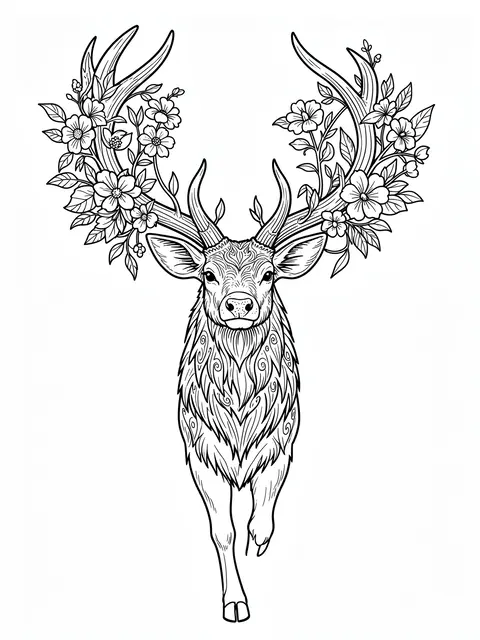 Black and white intricate line art of a stag with flower-entwined antlers on a plain white background