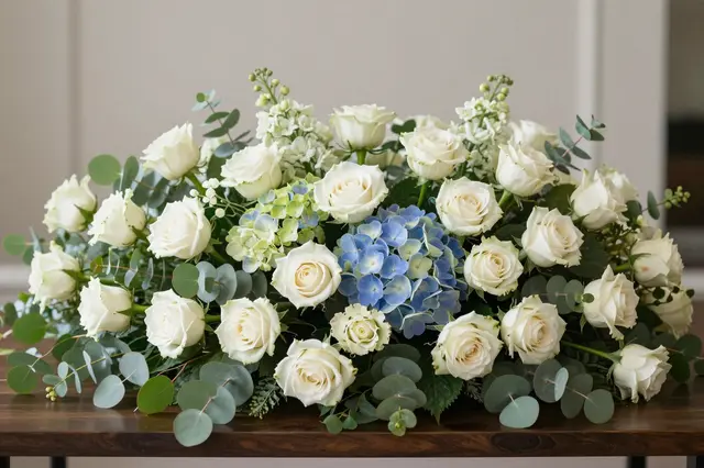 Large lush bouquet of white roses, blue hydrangeas and eucalyptus arranged on a dark wooden table