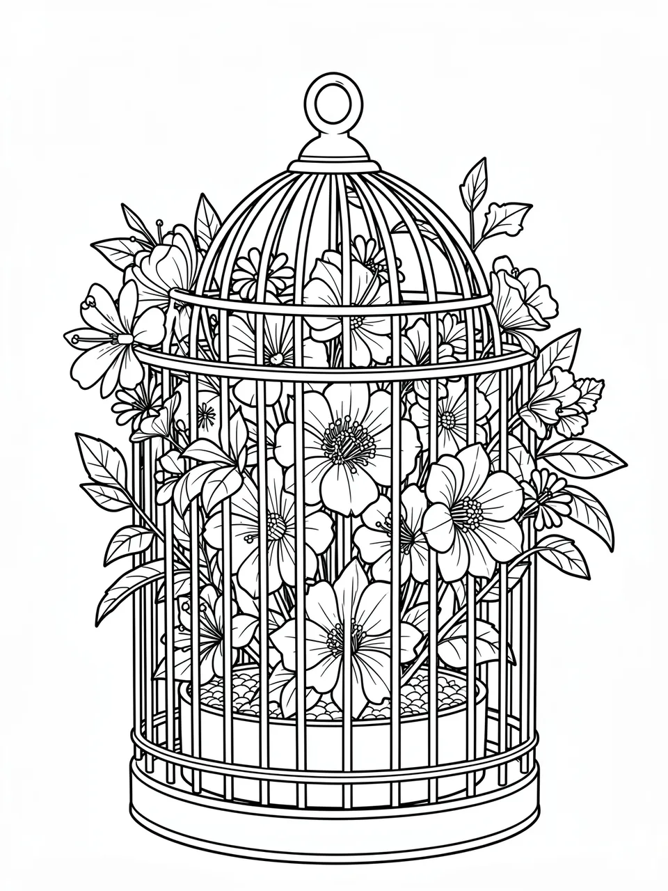 Intricate black line art of a vintage birdcage filled with detailed flowers and leaves on a white background