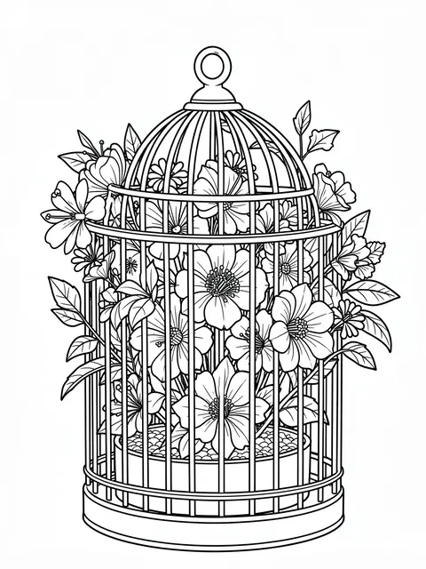 Intricate black line art of a vintage birdcage filled with detailed flowers and leaves on a white background