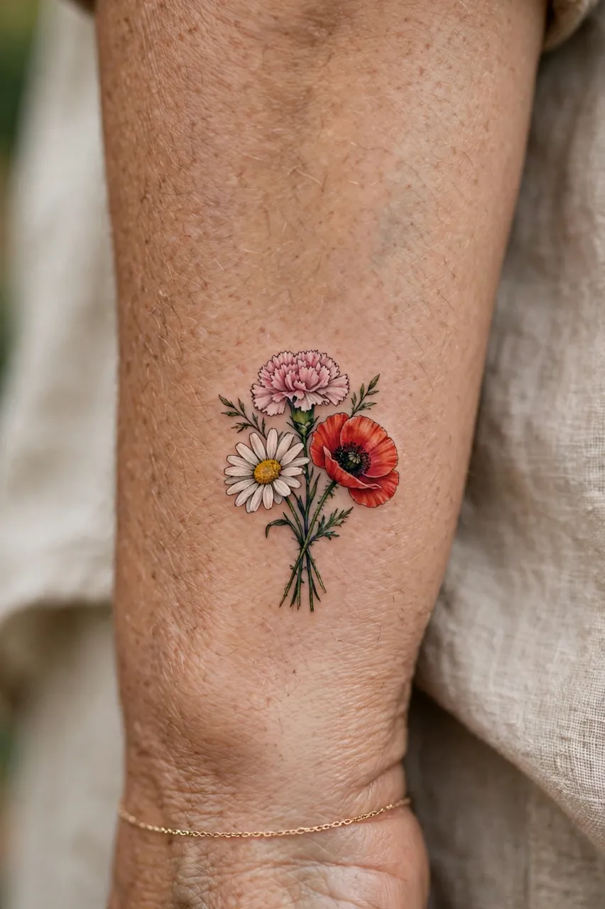 Close-up of a small carnation, daisy and poppy bouquet tattoo on a person's forearm
