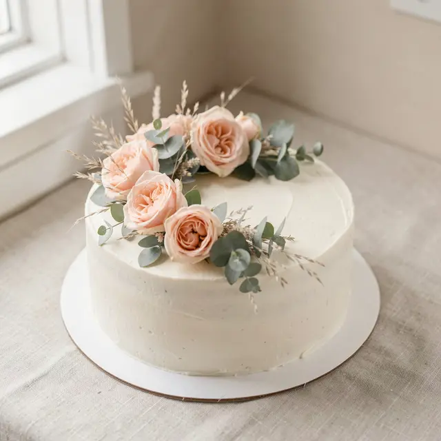 White buttercream cake topped with a crescent of peach roses, eucalyptus and dried grasses by a bright window.