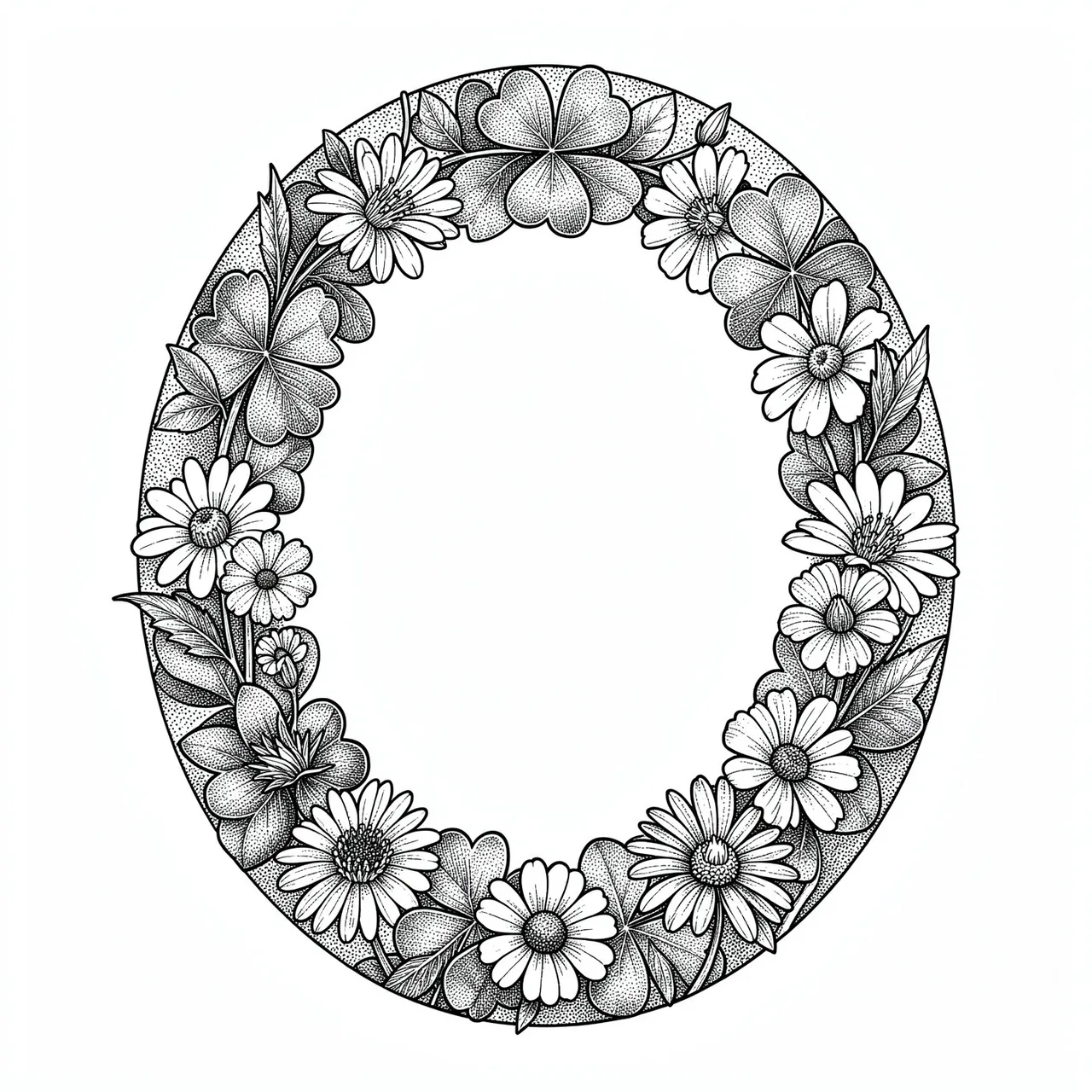 Pen and ink oval frame with clover, daisies and stippled shading, empty at its center