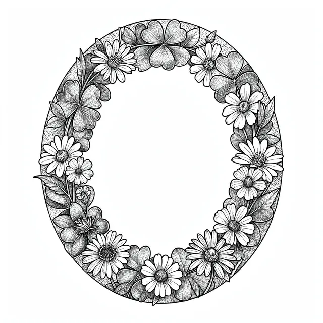 Pen and ink oval frame with clover, daisies and stippled shading, empty at its center
