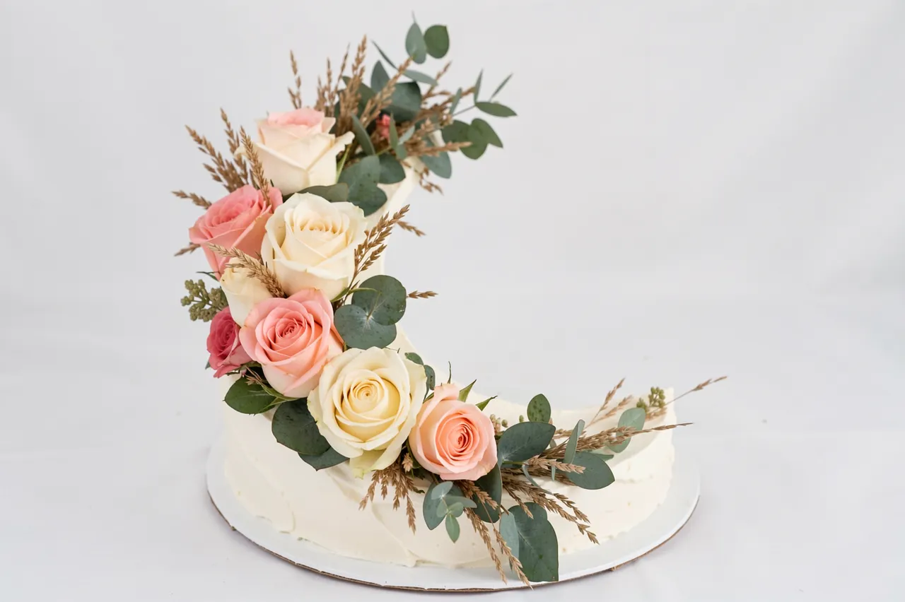 White buttercream cake decorated with a crescent arrangement of roses, eucalyptus and dried grasses on a plain white