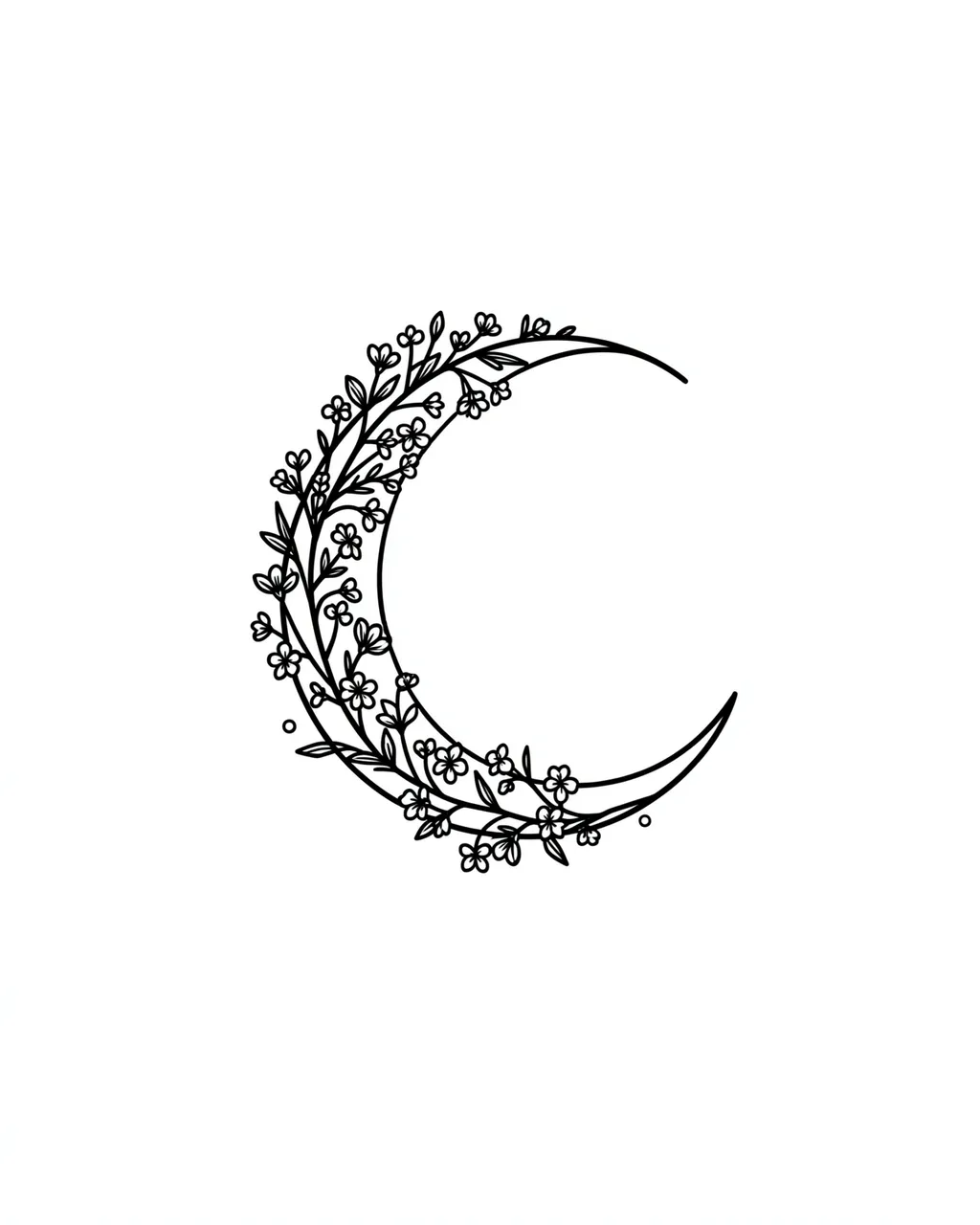 Black line art of a thin crescent moon wrapped in delicate wildflower sprigs on a plain white background