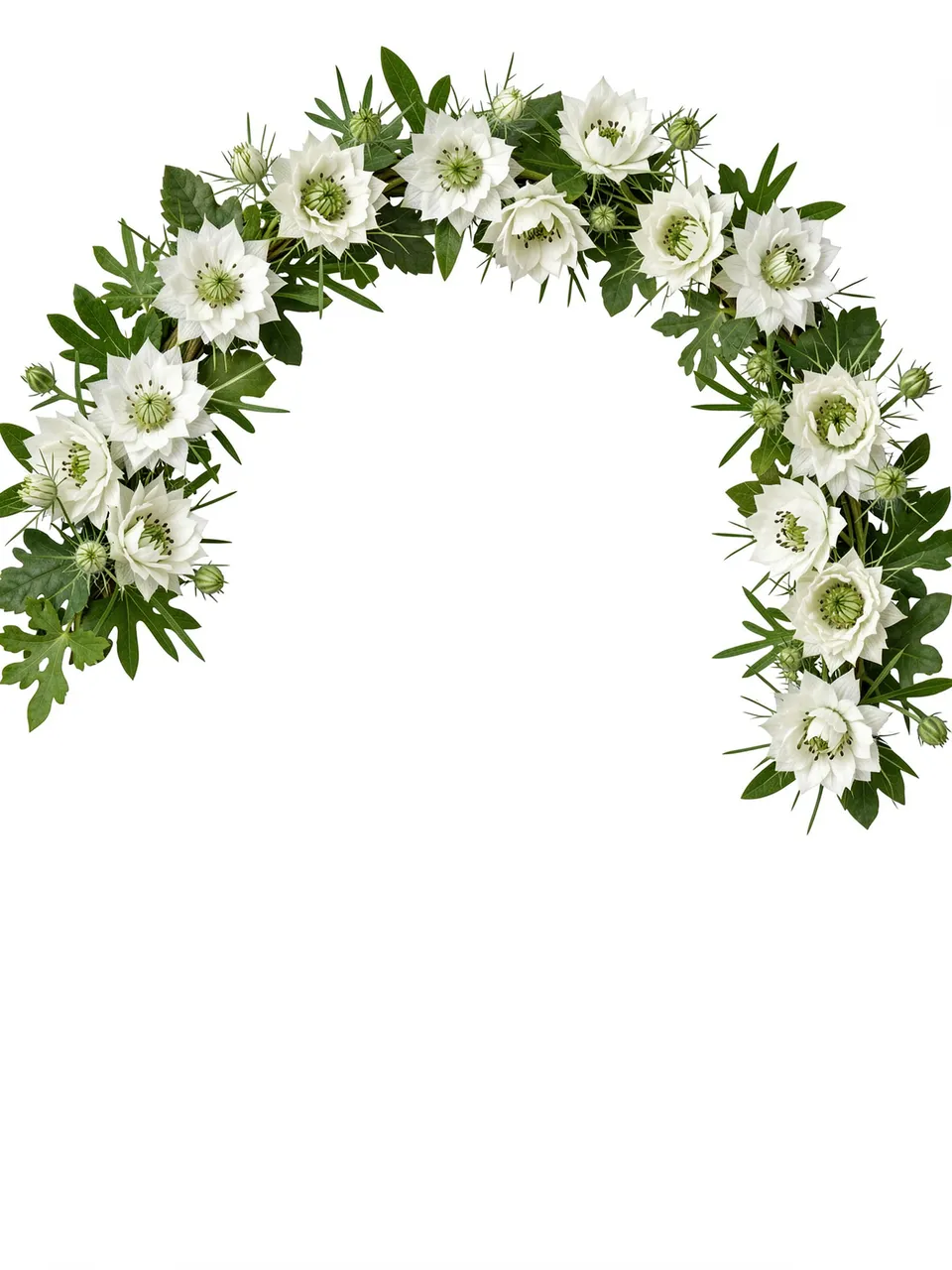 A curved top crescent of green foliage and white flowers sits above empty white copy space.