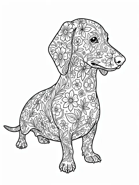 Black and white line art of a dachshund covered in intricate floral patterns on a plain white background