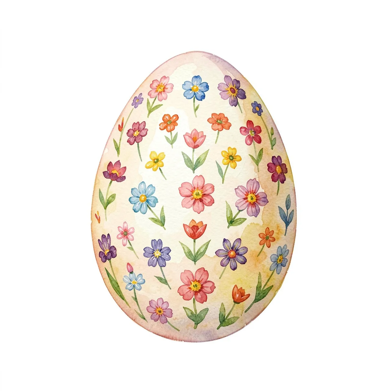 Watercolor illustration of an easter egg covered in tiny painted flowers against a plain white background