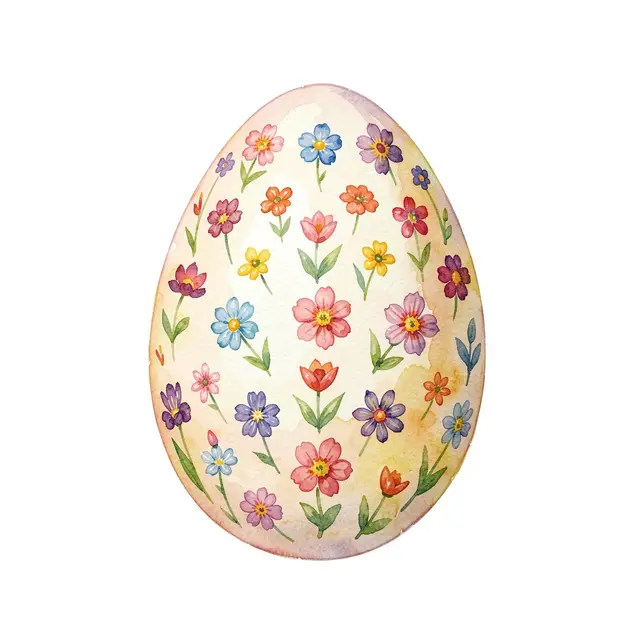 Watercolor illustration of an easter egg covered in tiny painted flowers against a plain white background