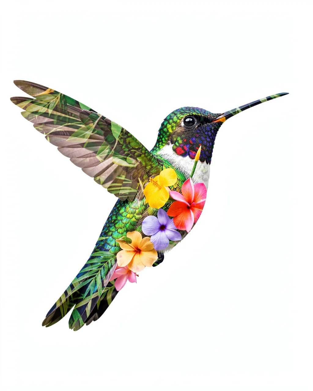 Double exposure hummingbird composed of tropical flowers and leaves against a plain white background