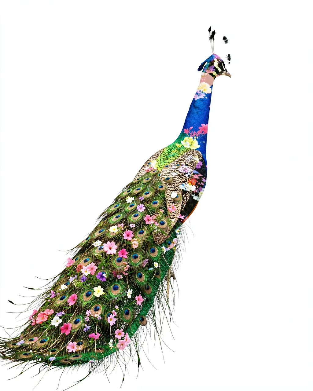 Double exposure peacock blended with blooming flowers on a plain white background