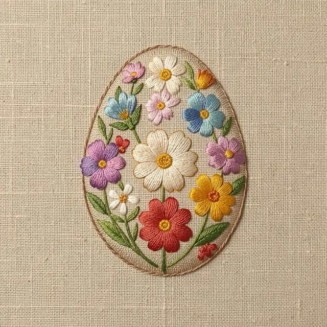 Stitched embroidery of a floral Easter egg set against textured natural linen fabric