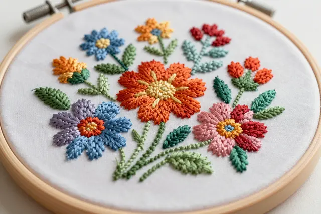 A wooden embroidery hoop holds detailed colorful floral stitchwork on white fabric.