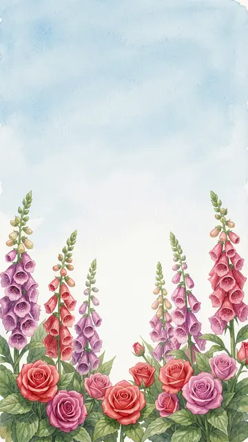 Watercolor illustration of foxgloves and roses lining the bottom edge with soft empty sky above.
