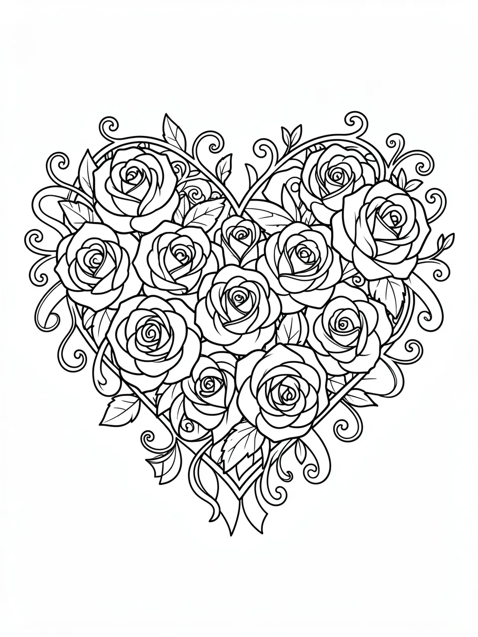 Black and white line art of a heart shape constructed from roses, curling vines, and scrollwork on a plain white background