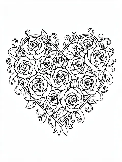Black and white line art of a heart shape constructed from roses, curling vines, and scrollwork on a plain white background