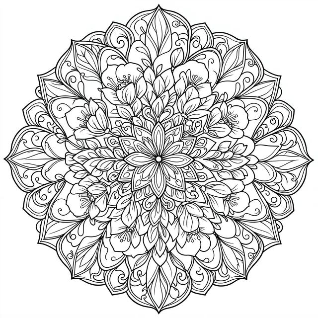 Intricate black and white line art mandala with flowers, leaves, and curling vines on a plain white background