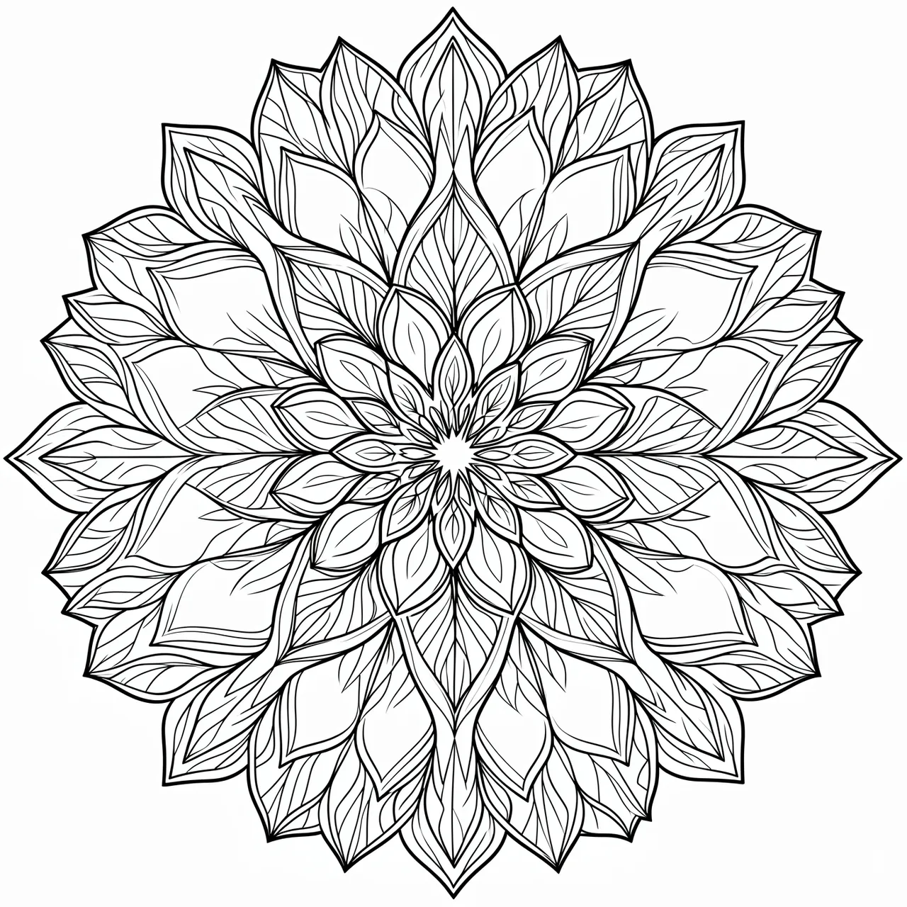 Intricate black line art floral kaleidoscope mandala on a plain white background