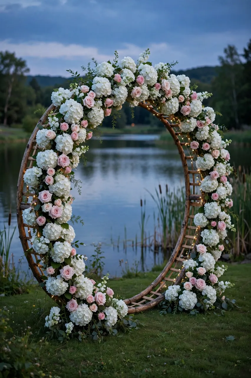 Circular floral wedding arch decorated with hydrangeas and roses sits on a lakeside lawn at dusk
