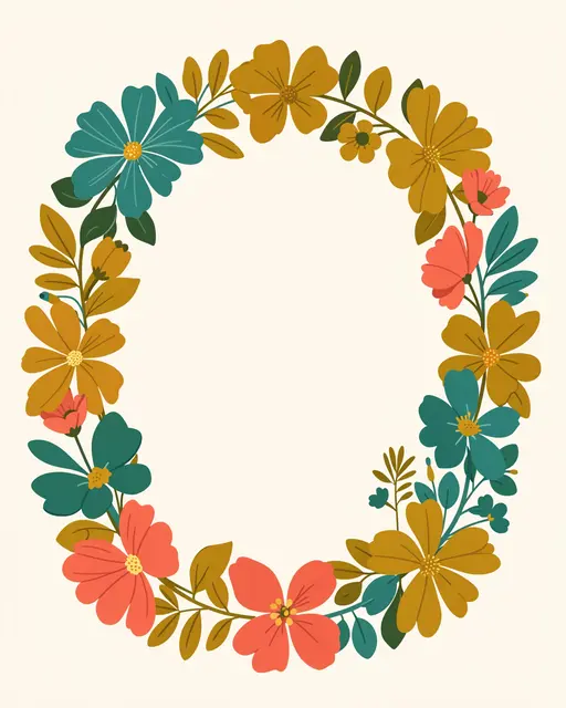 An oval flat vector floral frame with mustard, teal, and coral blooms surrounding an empty cream center.