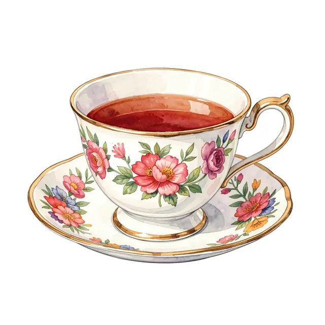 Watercolor illustration of a floral porcelain teacup with tea resting on a matching saucer against a plain white background