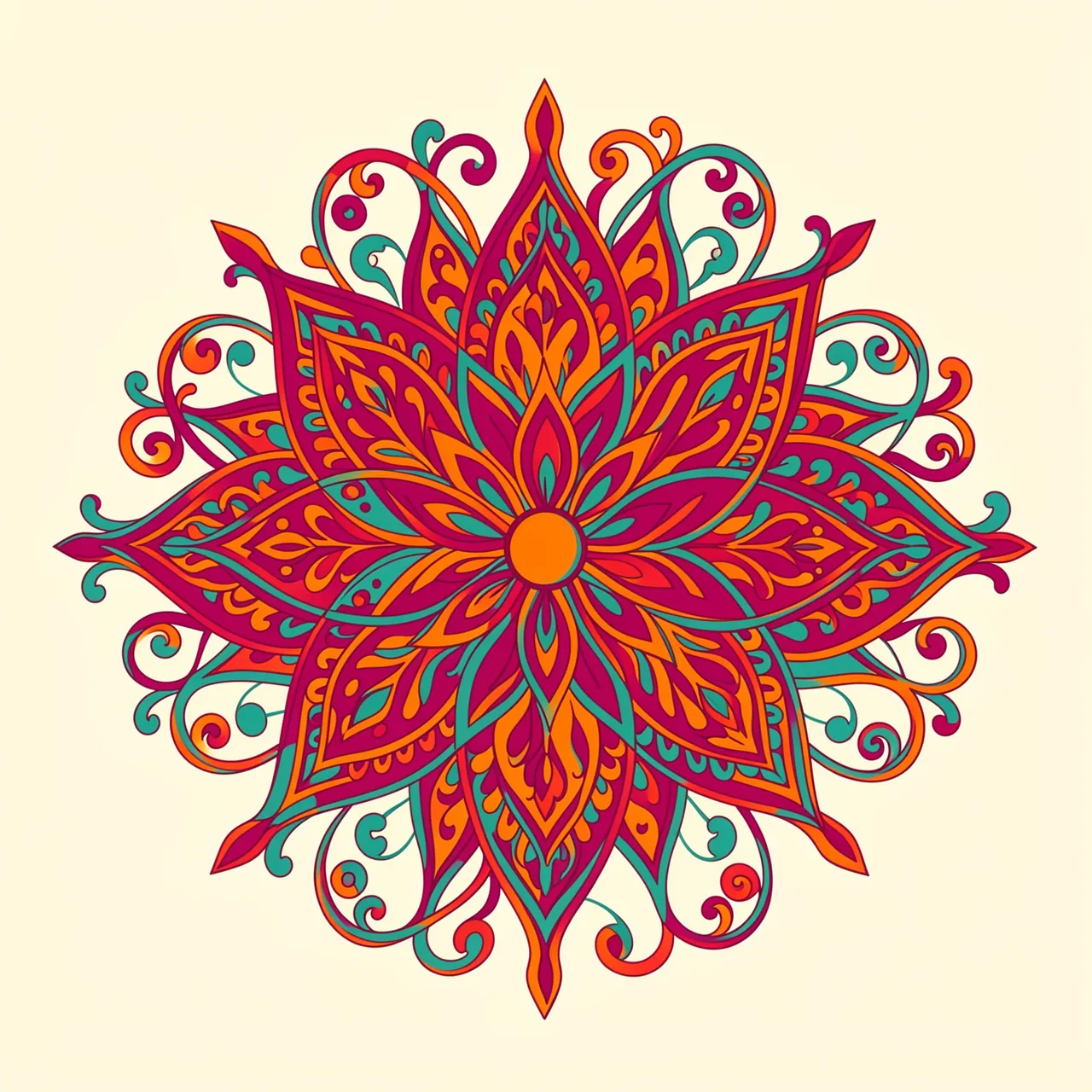 Symmetrical flat vector rangoli with lotus petals and paisley curls on a cream background