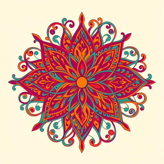 Symmetrical flat vector rangoli with lotus petals and paisley curls on a cream background