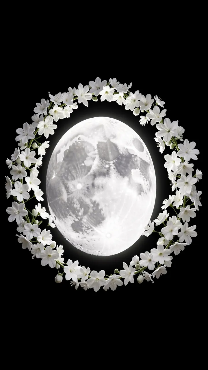 Glowing full moon centered inside a circle of white flowers against a solid black background