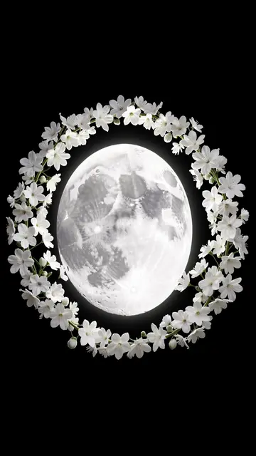 Glowing full moon centered inside a circle of white flowers against a solid black background