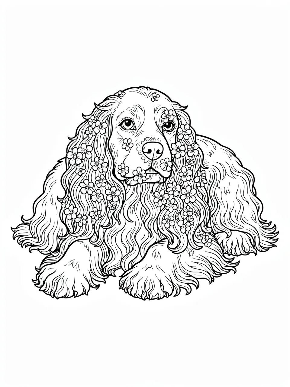 Black and white line art of a lying spaniel with tiny flowers on its long curly ears, on a plain white background