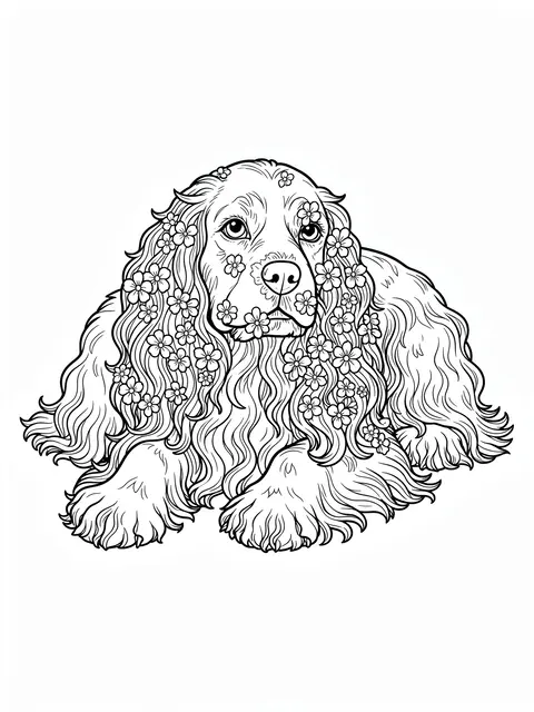Black and white line art of a lying spaniel with tiny flowers on its long curly ears, on a plain white background