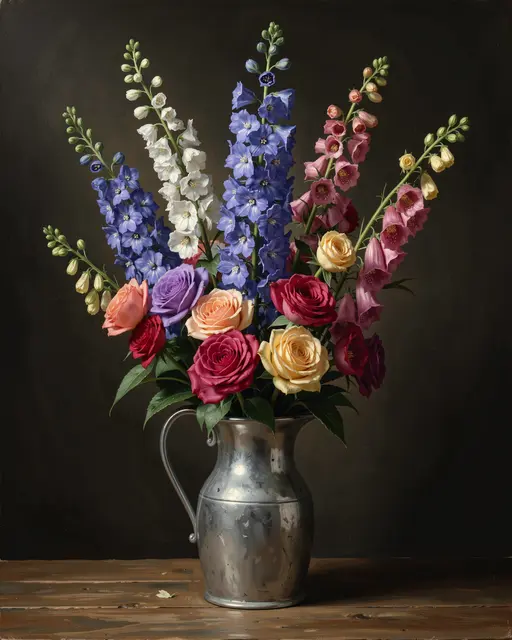 Oil painting of a tall mixed bouquet of delphiniums, roses and foxgloves in a pewter jug against a dark background on wood.