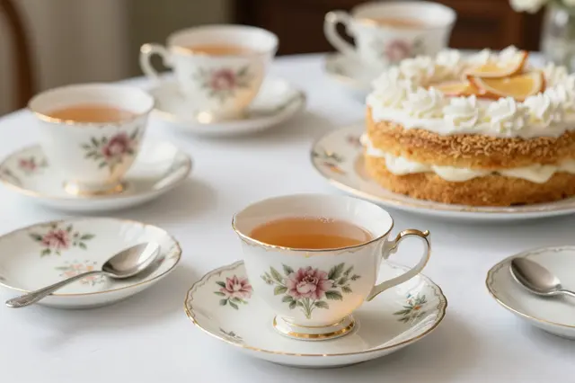 A table set with vintage floral teacups of tea and a decorated cream layer cake for a tea party
