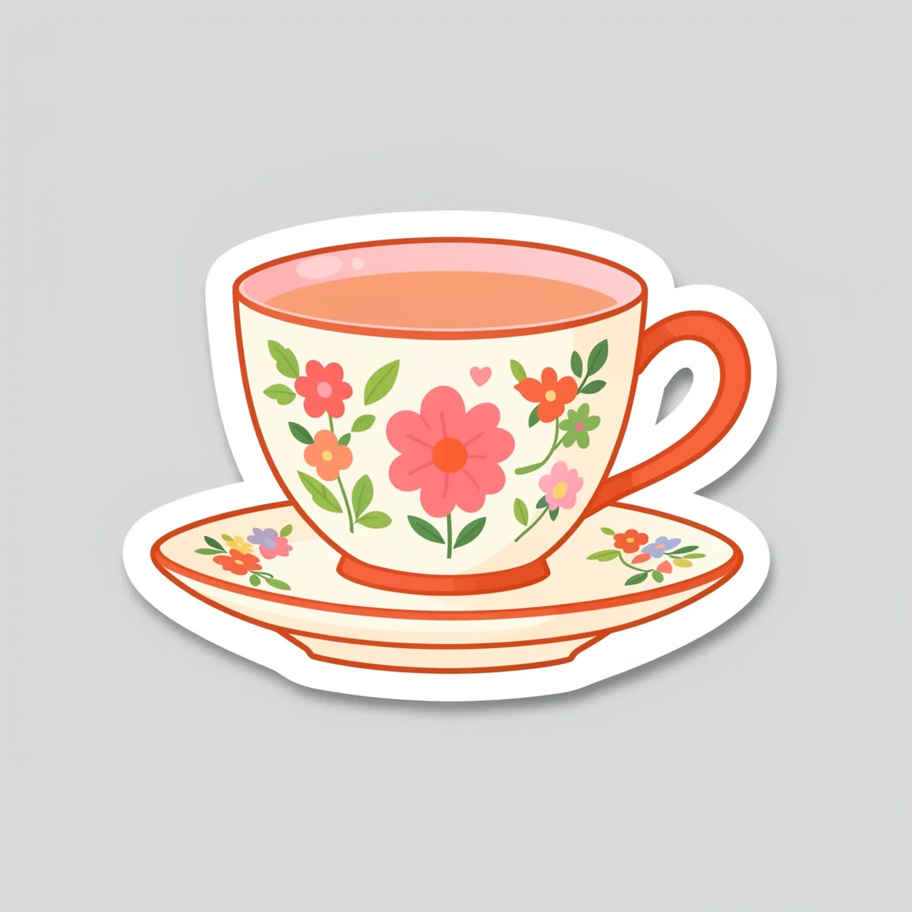 Die-cut sticker of a floral illustrated teacup on a saucer set against a plain light gray background